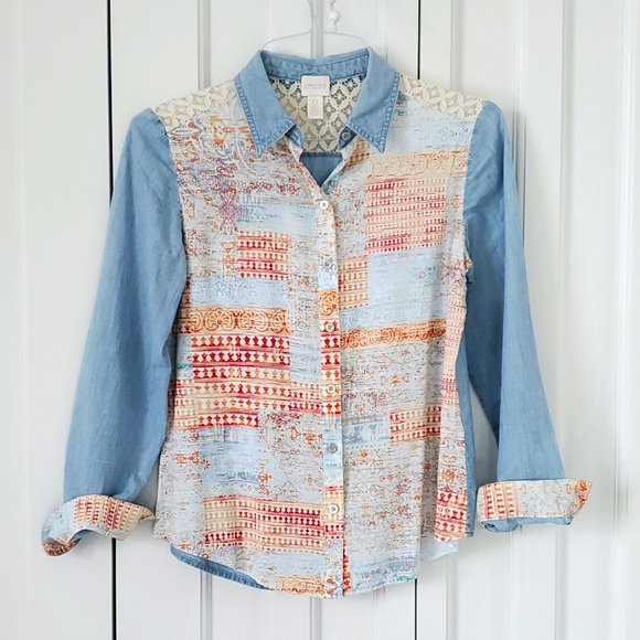 Chico's pattern and denim blouse-soft!! Size 0 - Picture 1 of 7